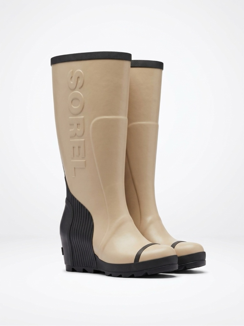 Sorel Beige and Black Wedge Rain Boots